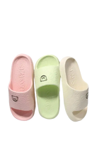 Three colorful cartoon-themed slide sandals.