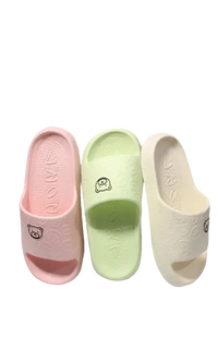 Three colorful cartoon-themed slide sandals.