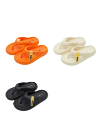 Colorful flip-flops with zipper detail.