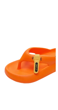 Orange flip-flop with a yellow charm.