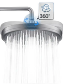 Round shower head with water flowing.