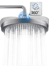 Round shower head with water flowing.