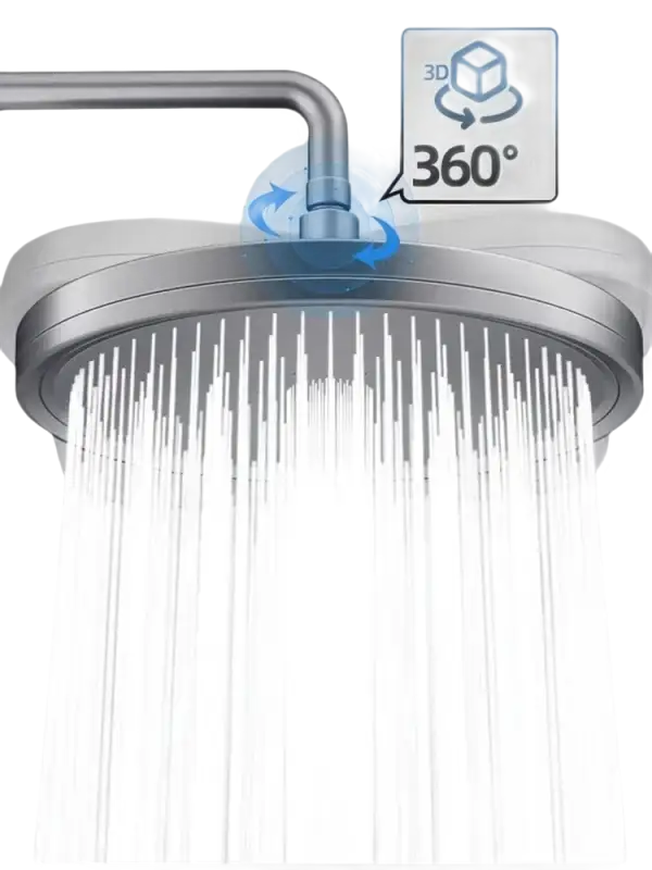 Round shower head with water flowing.