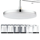 Round, chrome rainfall shower head.