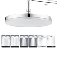 Round, chrome rainfall shower head.