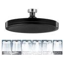 Black round shower head with multiple spray patterns.