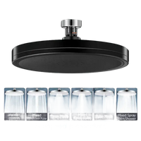 Black round shower head with multiple spray patterns.