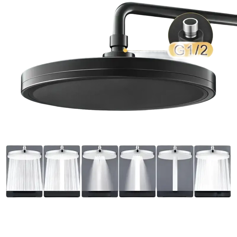 Black rainfall shower head with six spray modes.