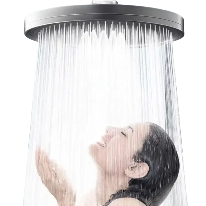 Overhead shower with woman.
