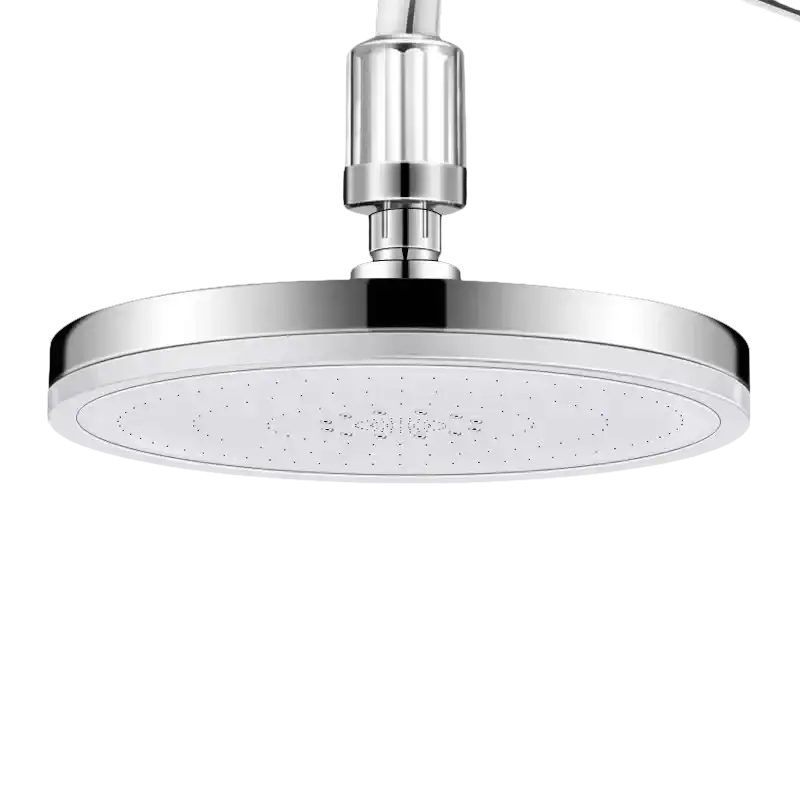 Round chrome shower head.