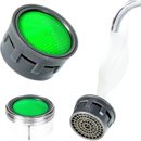 Faucet aerator attachments with green filters.