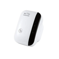 White Wi-Fi repeater with blue signal waves.