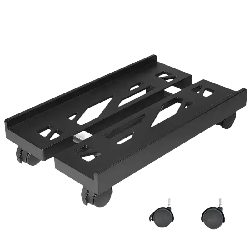 Black rolling computer tower stand.