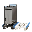 Computer tower on rolling stands.