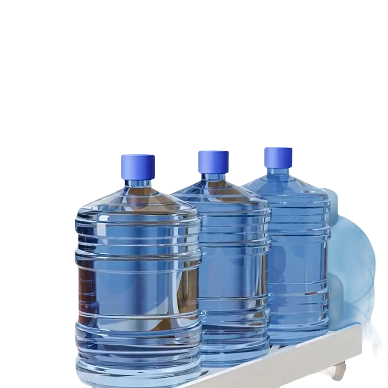 Three water jugs on a cart.