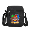 Black crossbody bag with cartoon graphic.