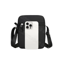 Black crossbody bag with dimensions.