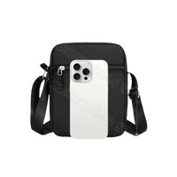 Black crossbody bag with dimensions.