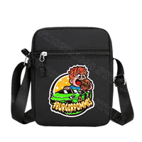 Black messenger bag with cartoon sticker.