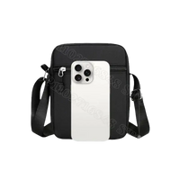 Black messenger bag with dimensions.