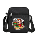 Black shoulder bag with cartoon graphic.