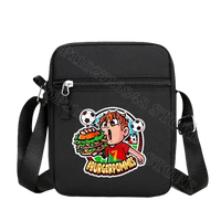 Black shoulder bag with cartoon graphic.