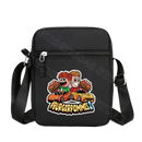 Black shoulder bag with cartoon graphic.