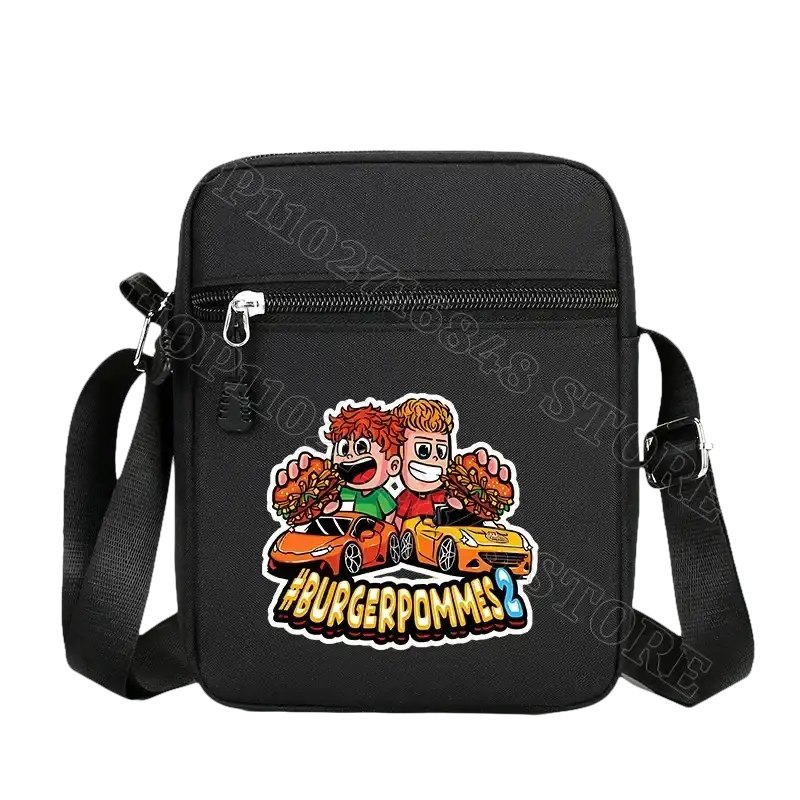 Black shoulder bag with cartoon graphic.