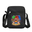 Black messenger bag with cartoon graphic.