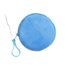 Round, light blue, plush coin purse with zipper and loop.