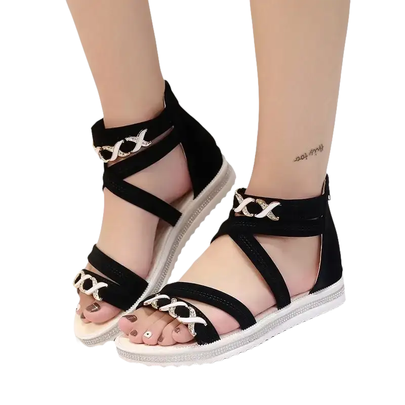 Black strappy sandals with decorative accents.