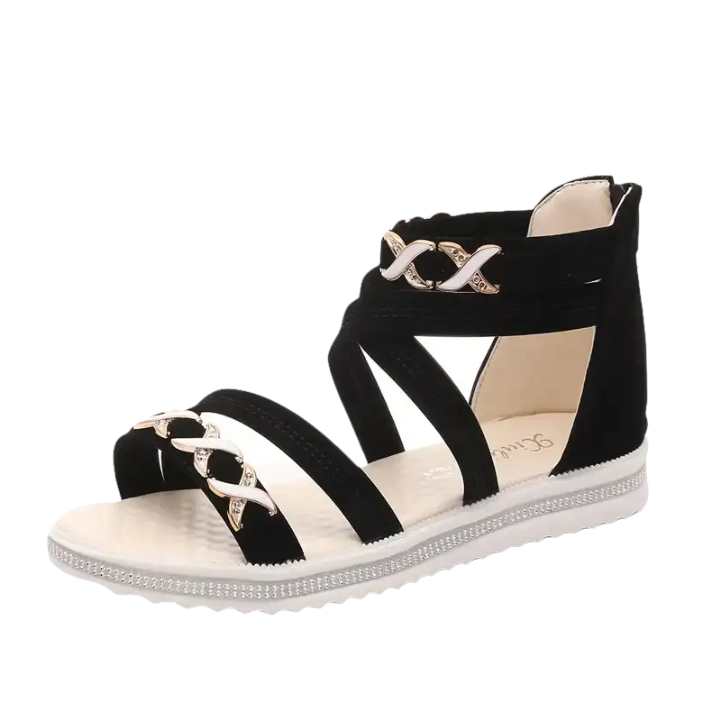 Black strappy sandal with chain accents.