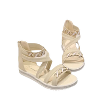 Beige gladiator sandals with chain detail.