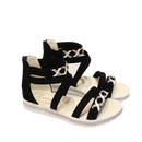 Black strappy sandals with rhinestone accents.