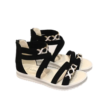 Black strappy sandals with rhinestone accents.