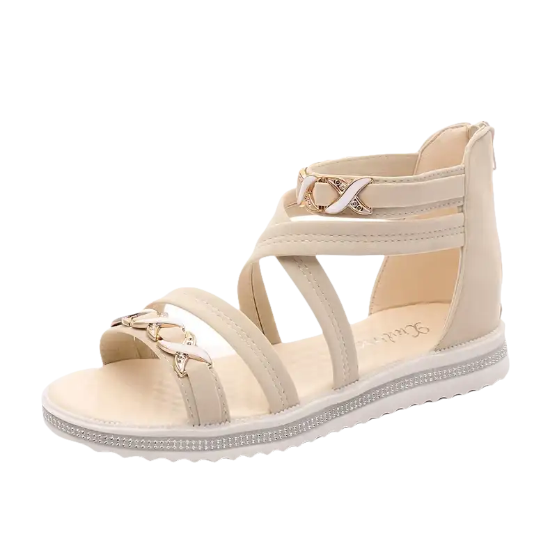 Beige gladiator sandal with chain accents.