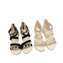 Two pairs of strappy, heeled sandals.