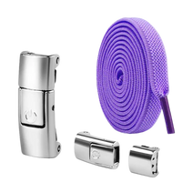 Purple shoelaces with magnetic buckles.