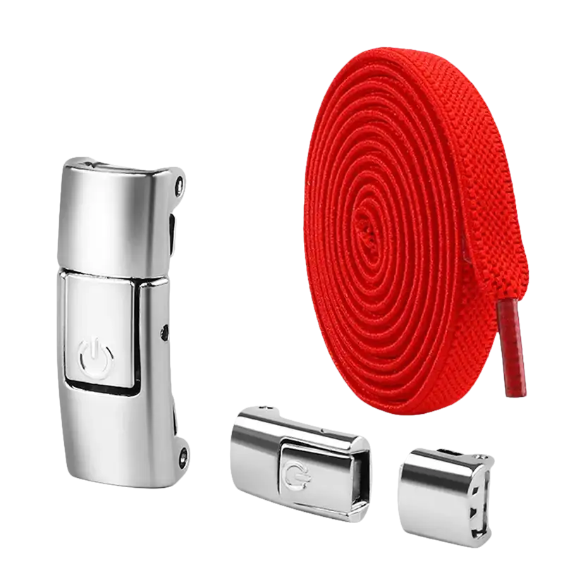 Red shoelaces with magnetic buckles.