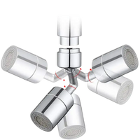 Chrome faucet aerator with rotating nozzles.