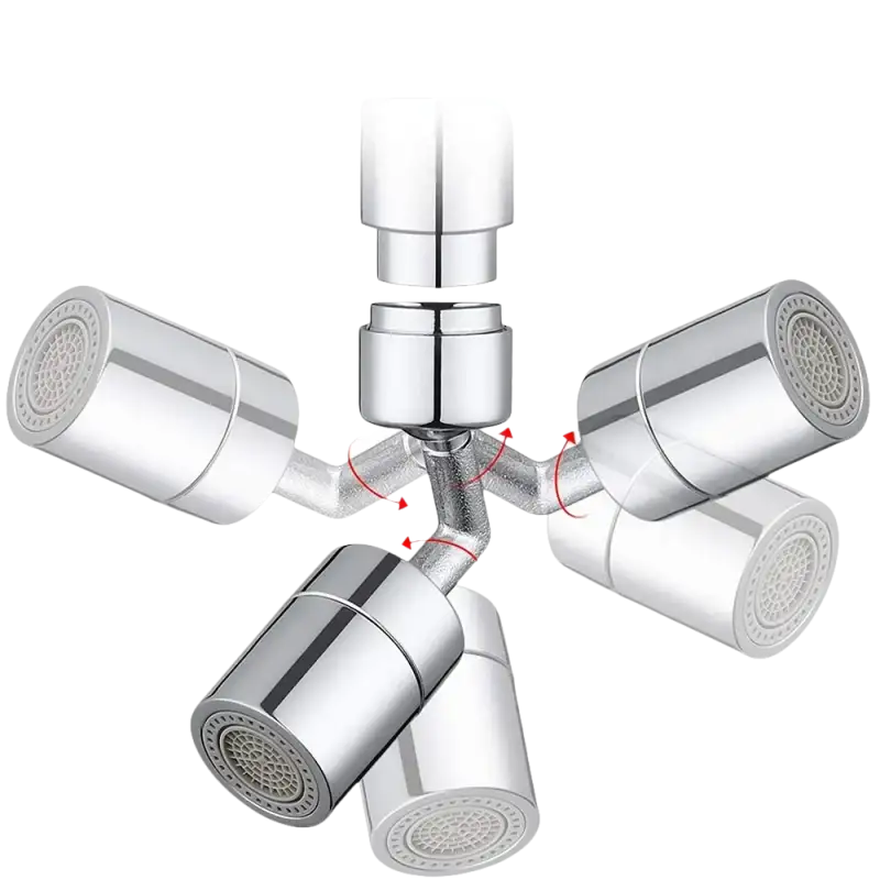 Chrome faucet aerator with rotating nozzles.