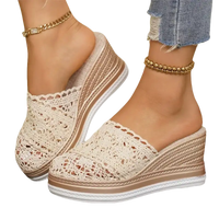 Beige lace wedge mules.