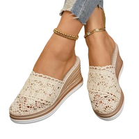 Beige lace wedge mules.