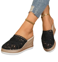 Black lace wedge sandals.