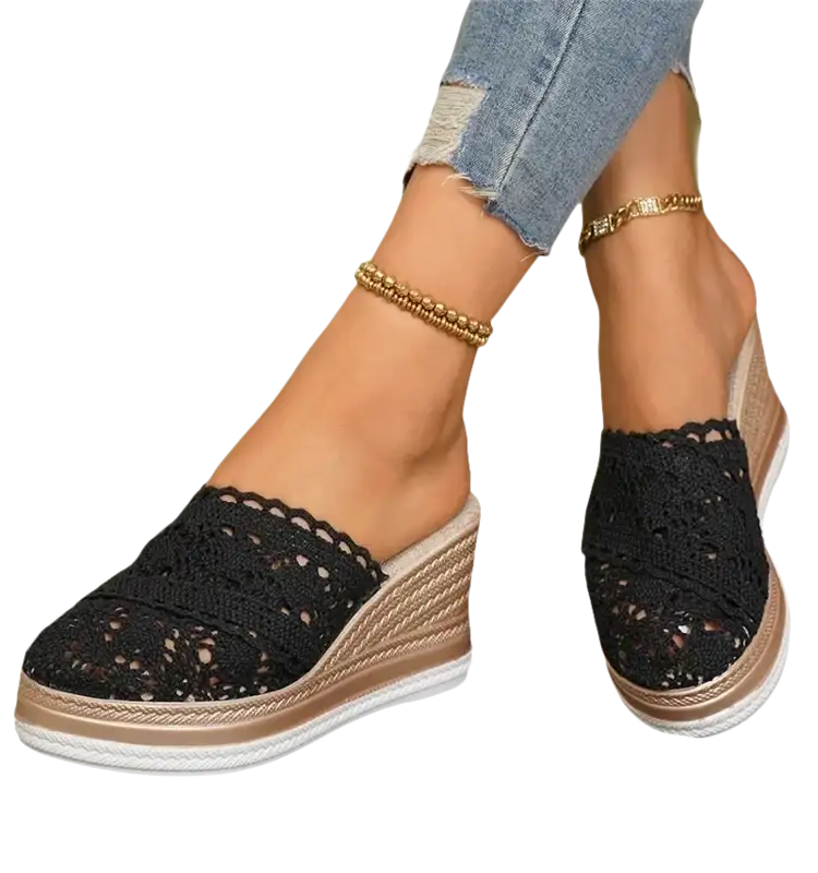 Black lace wedge sandals.