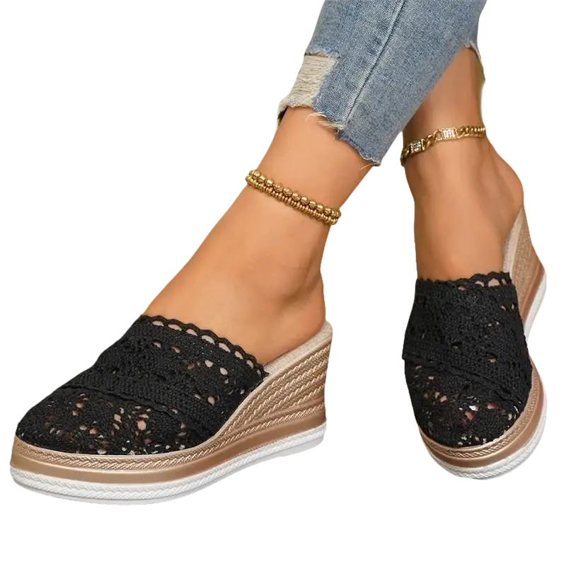 Black lace wedge mules.