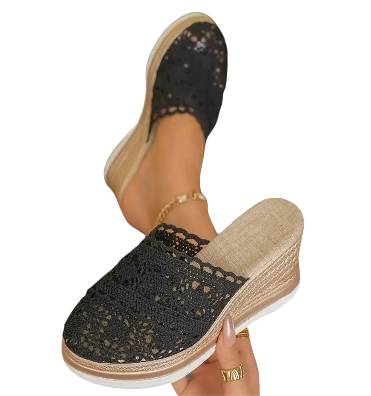Black lace wedge mule.