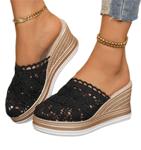 Black crochet wedge mules.