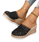 Black crochet wedge mules.