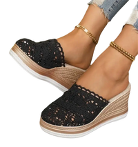 Black crochet wedge mules.
